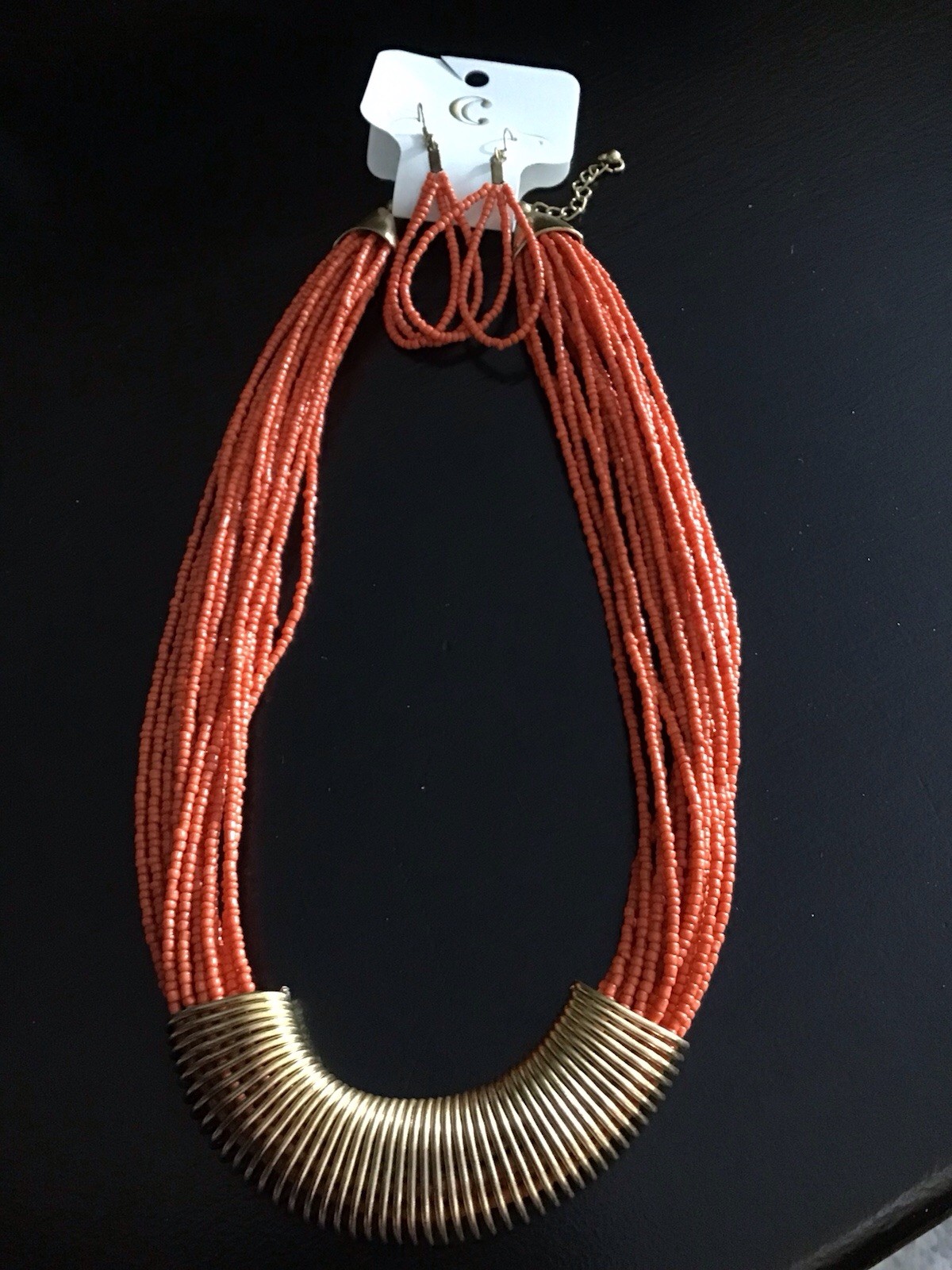 Charming Charlie Orange Seed Bead Multi Strand Bronze Tone Necklace & Earrings
