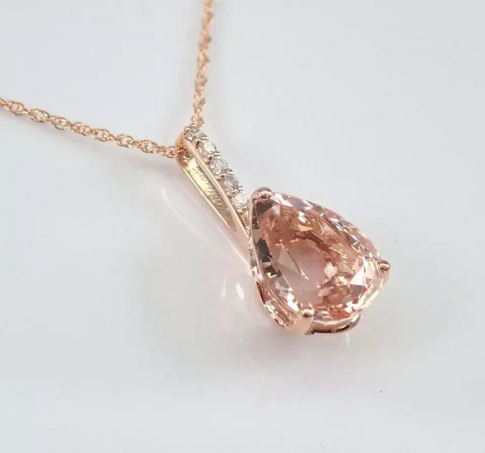 2Ct Pear Cut Morganite Diamond Solitaire Pendant 14K Rose Gold Finish Free Chain
