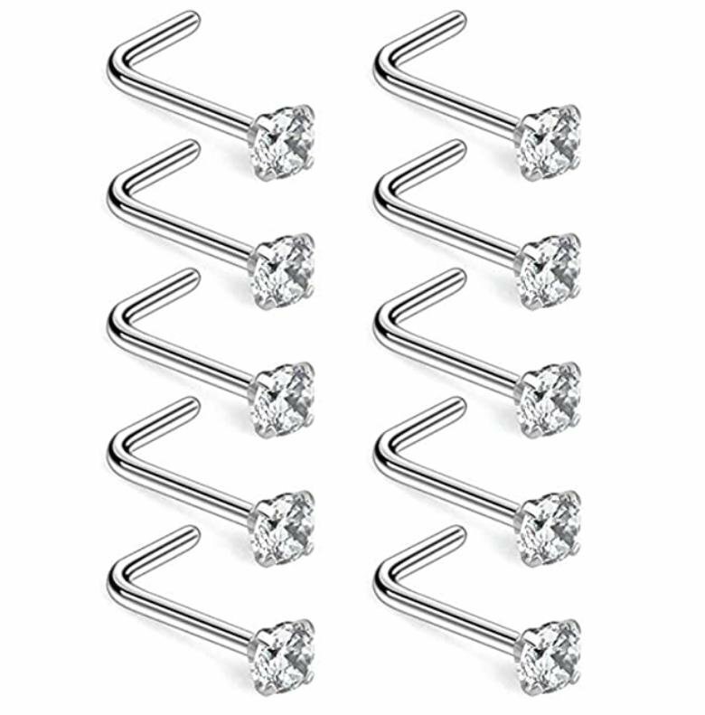 10PCS 20G Surgical Steel L Shaped Mix Color CZ Nose Stud Rings Piercing Jewelry