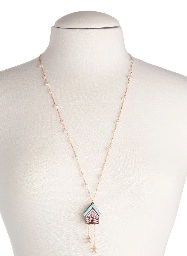 Betsey Johnson Gingerbread Necklace NEW House Dangly Pendant 28 inch in Gift Box