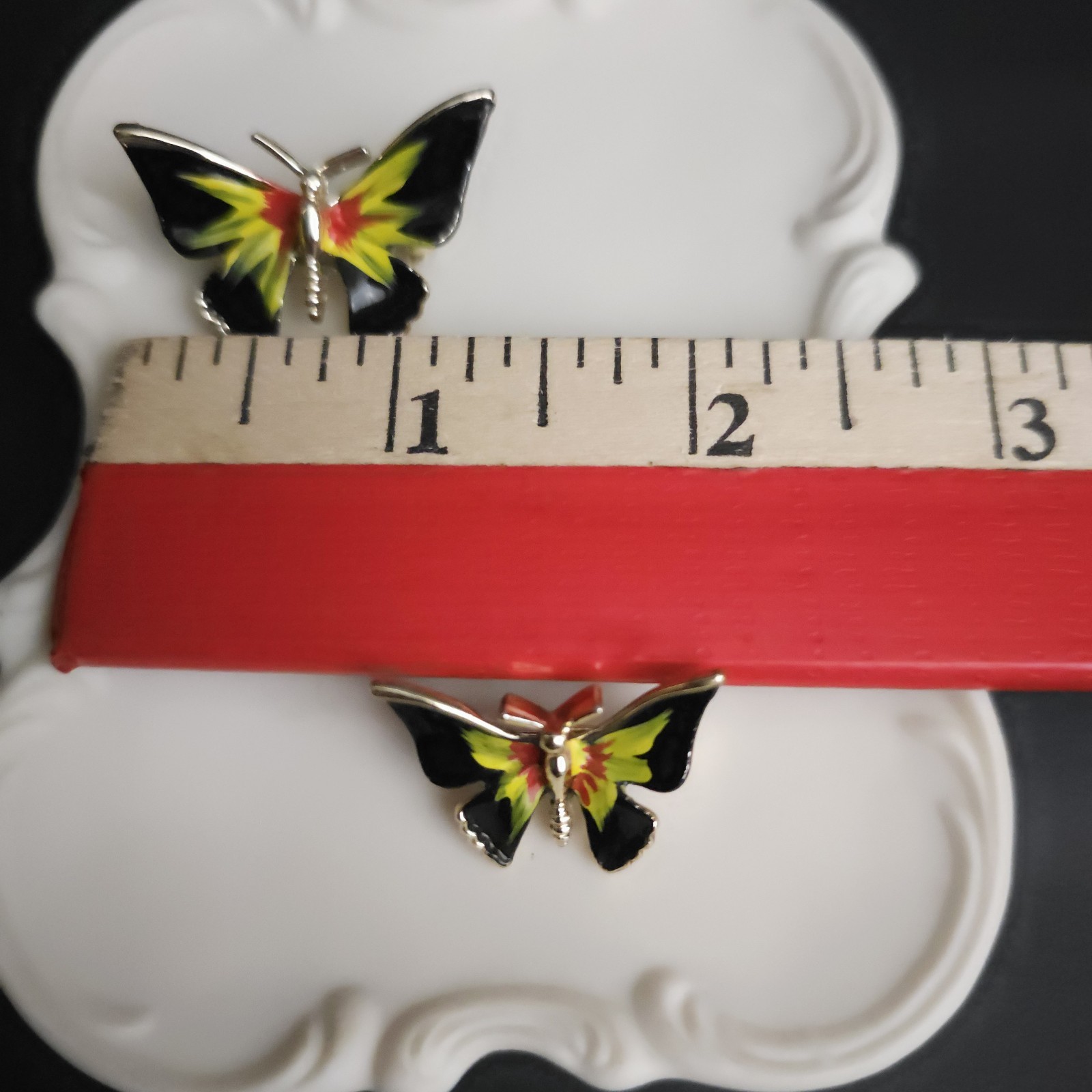 Vintage Black Yellow Red Enamel Butterfly Scatter Pins Brooch Set 2 Whimsy Fairy