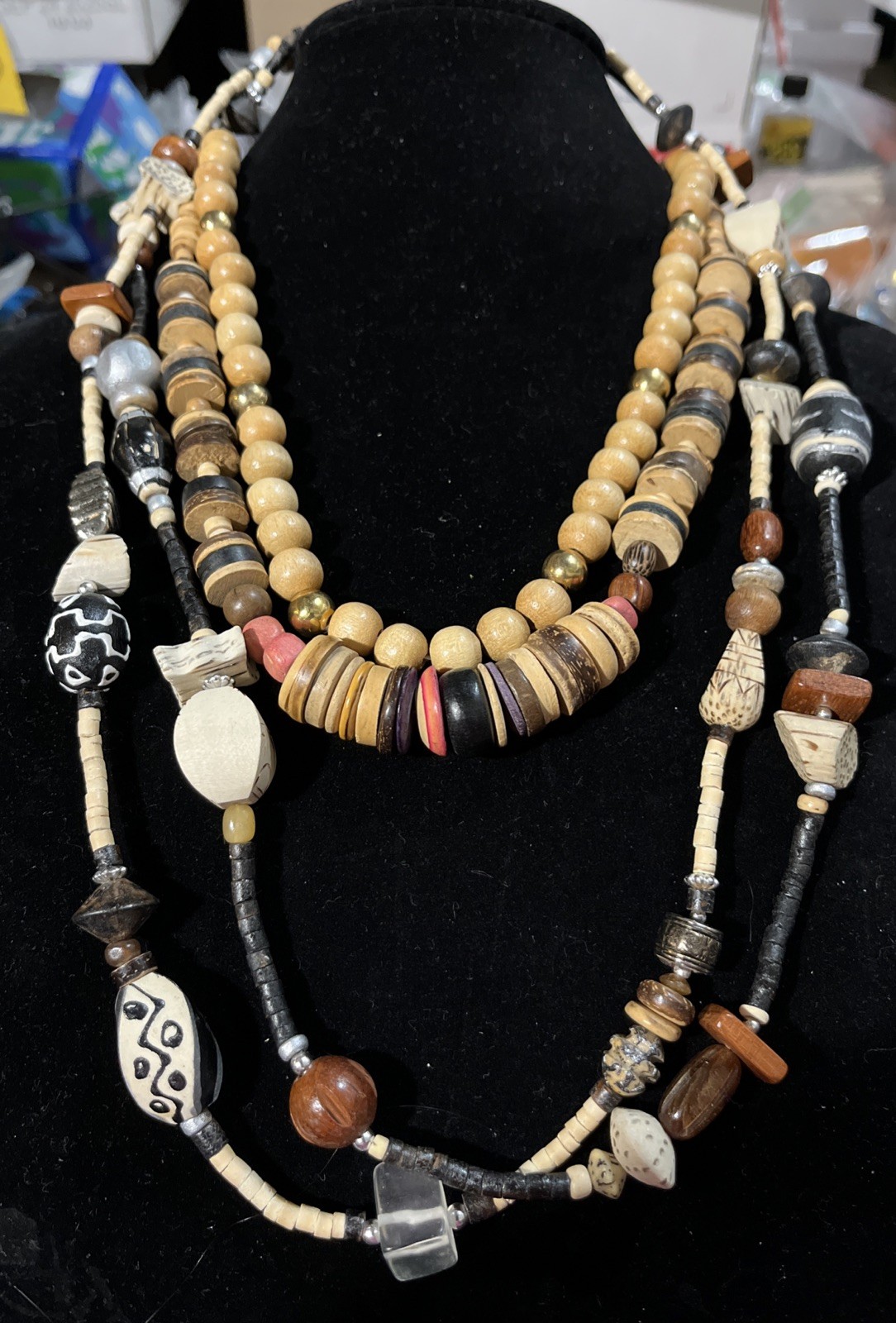 3 Earth Wood Tones Brown Ivory Beads Tribal Bohemian Statement Necklaces Chunky