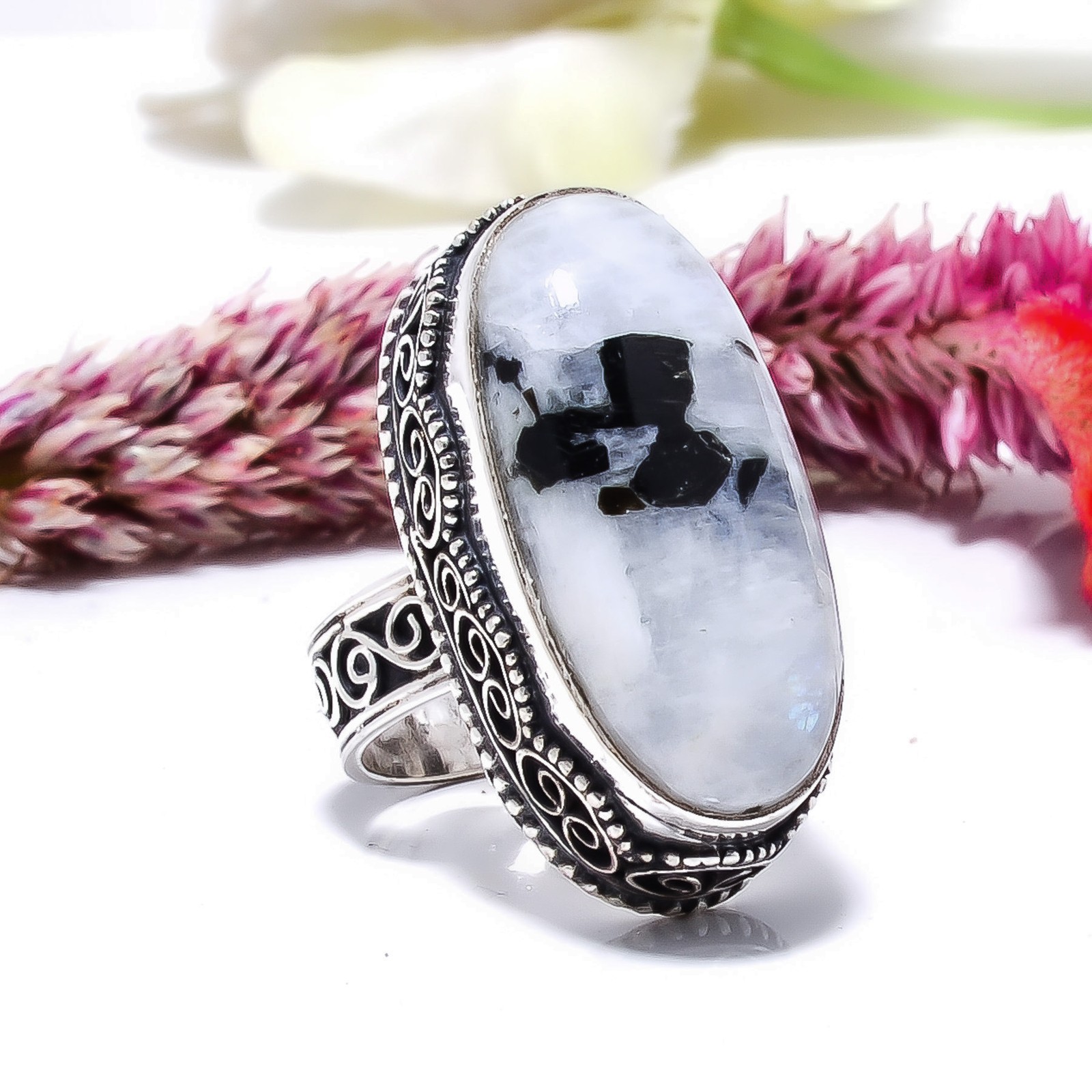 Rainbow Moonstone With Black Tourmaline – India Fine Art 925 Silver Ring S.6 R16
