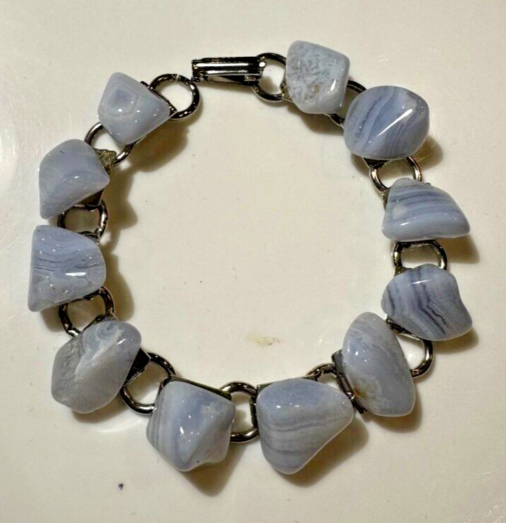 Vintage Silver t Pebble Genuine Stones Blue Lavender Lace Agate 7″ Bracelet DA5