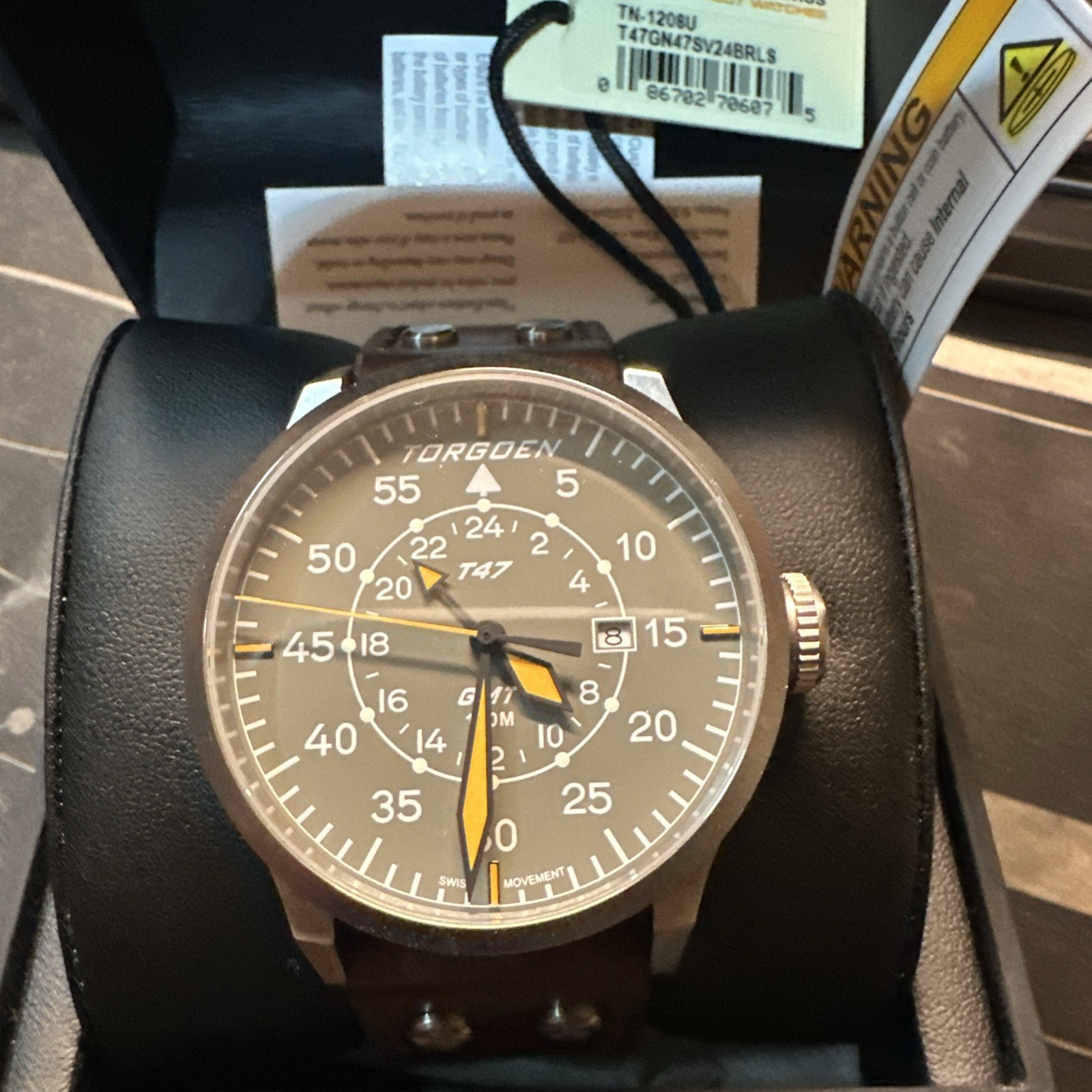 New Torgoen T47 TN-1208U Jumbo Grey Sapphire GMT 47mm Brown Leather Strap
