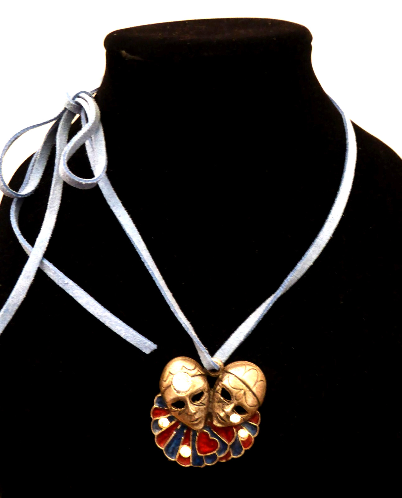 Harlequin Mask Metal Painted Enamel Pendant Necklace Art Deco Leather Cord VTG