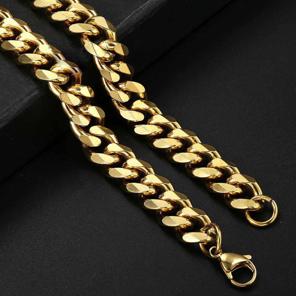 14K Gold Plated Stainless Steel Cuban Curb Chain Necklace Bracelet 3/5/7/9/11mm