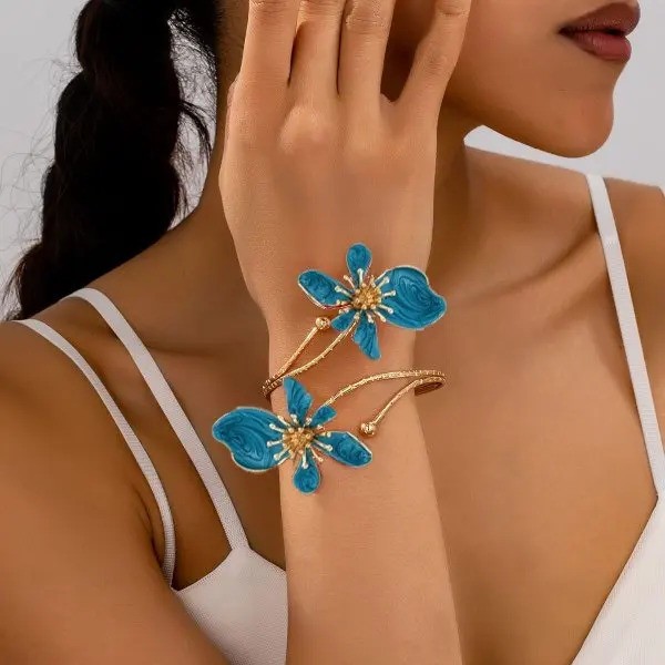 Adjustable Open Flower Bracelet Women Bangle Cuff Arm Jewelry Vintage Style