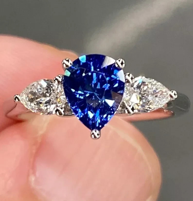 RARE 4.00 Ct Certified Pear Cut Natural Blue Diamond Ring White Gold Finish