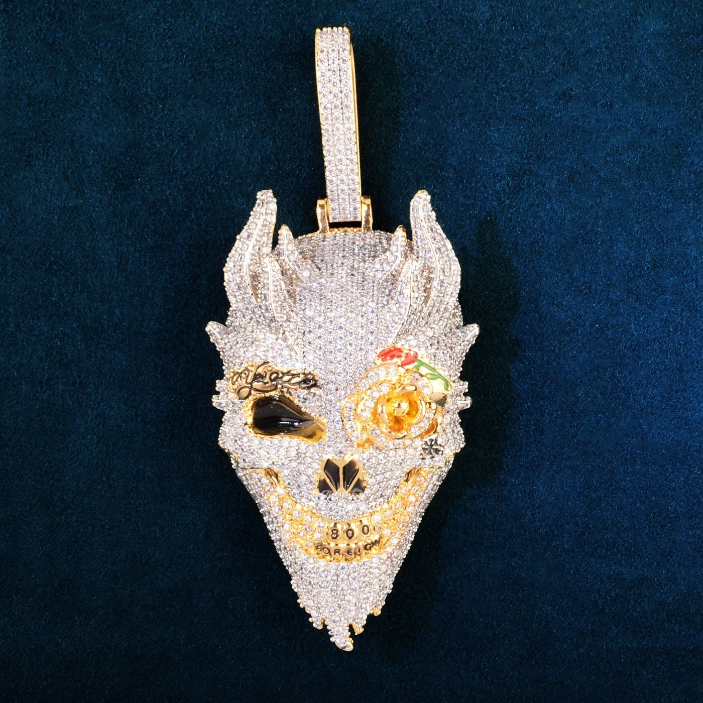 5AAA+ CZ Iced Out Hip Hop Rose Eye Skull Head Pendant Necklace 14k Gold Plated