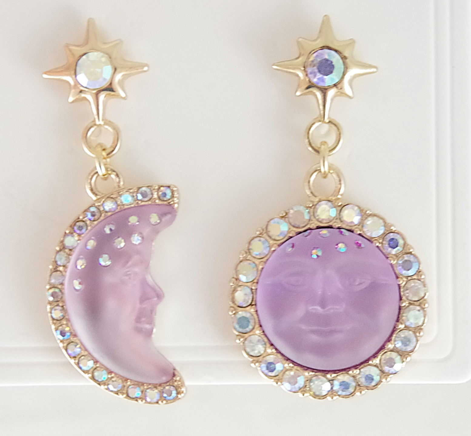 2″ KIRKS FOLLY PURPLE SEAVIEW MOON FACE CRYSTAL RHINESTONE DROP DANGLE EARRINGS