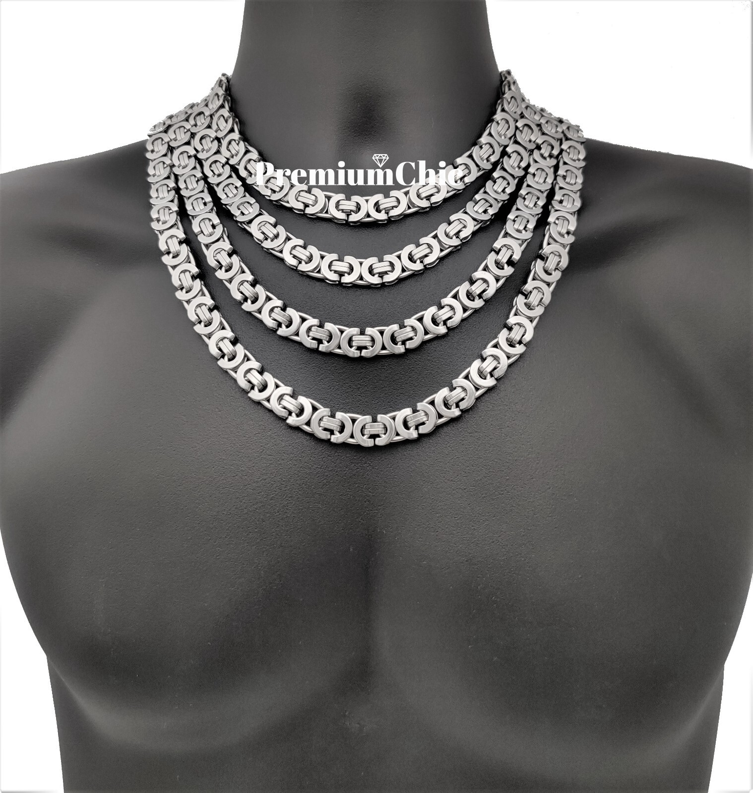 11mm Men’s Silver Flat Byzantine Chain Necklace 316L Stainless Steel 18″-30″