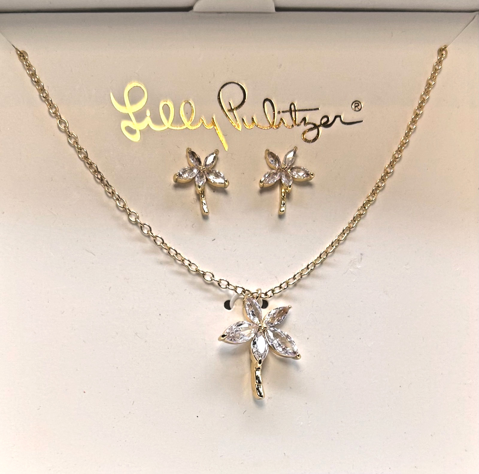 Lilly Pulitzer Gold Tone Rhinestone Sparkling Palm Tree Necklace Earring Set NWT