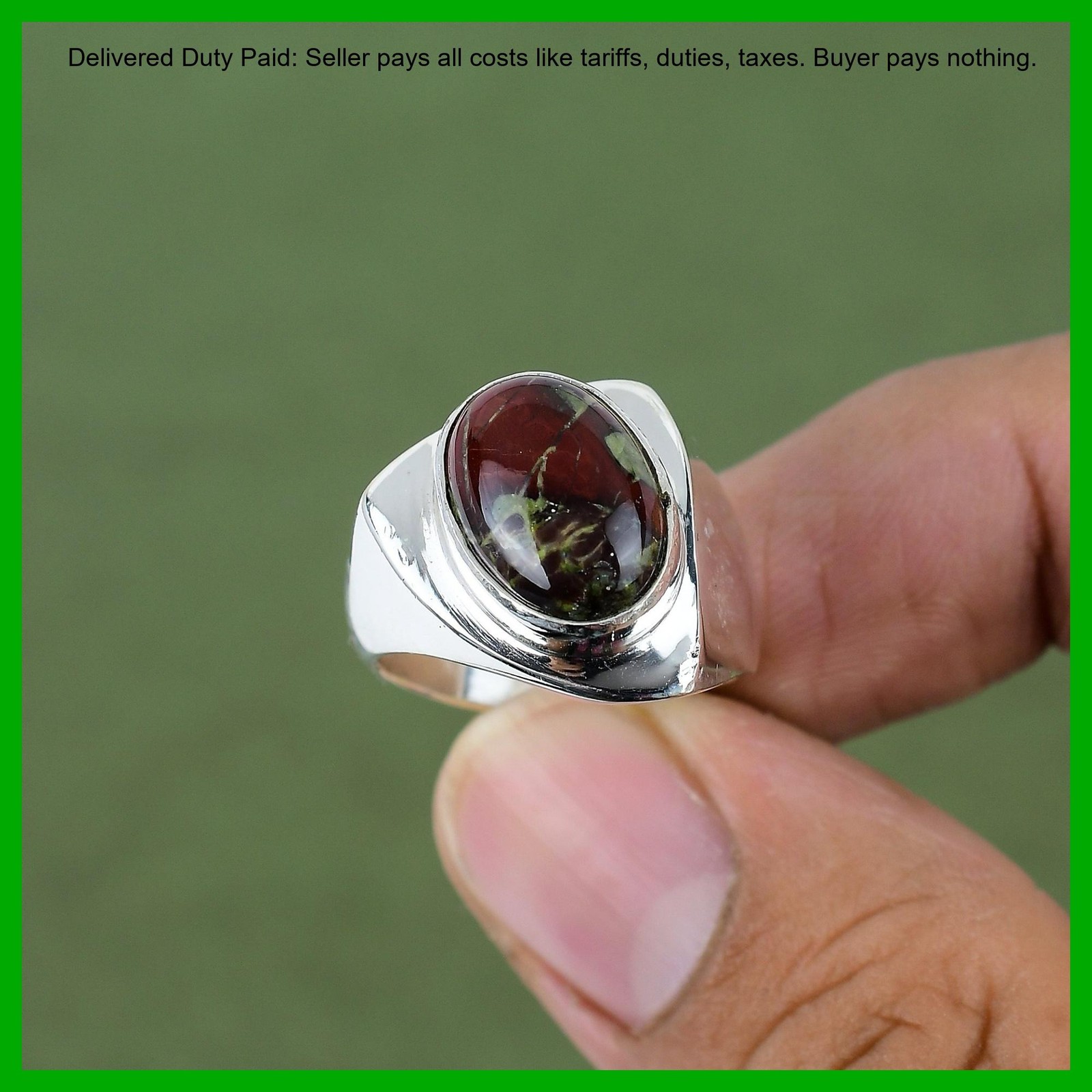 925 Silver Oval Natural Dragon Bloodstone Unique Bezel Artisan Wife Promise Ring