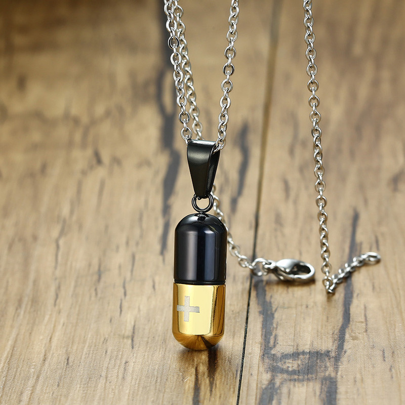 Medical Cross Pill Container Holder Pendant Necklace Choker Gift Stainless Steel