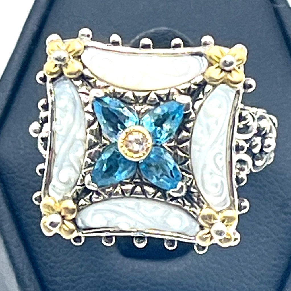 Barbara Bixby Size 8 Carved MOP & Blue Topaz Lotus Square Sterling 925 & 18k