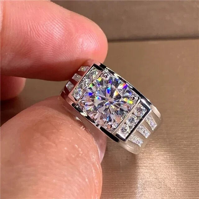 3Ct Round Cut Real Moissanite Men’s Halo Engagement Ring 14K White Gold Plated
