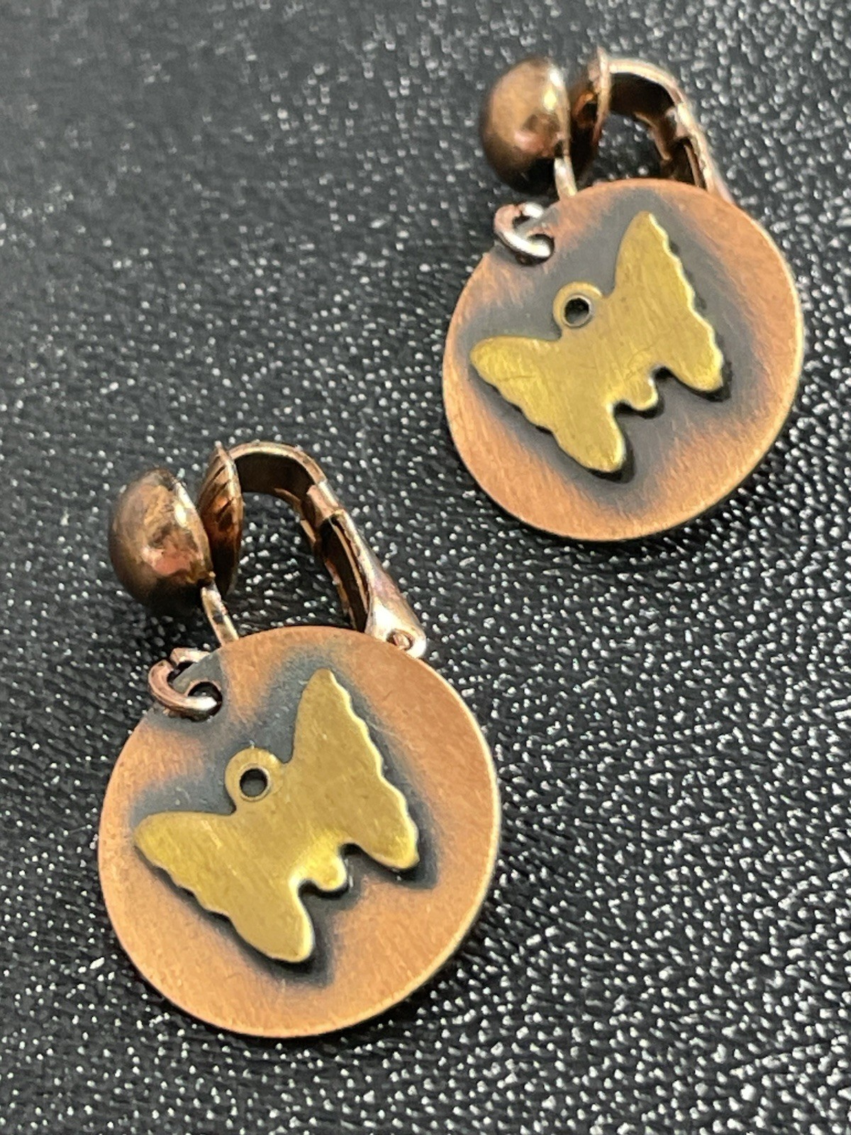 Vintage 1” Embossed Butterfly Copper Dangle Clip Earrings