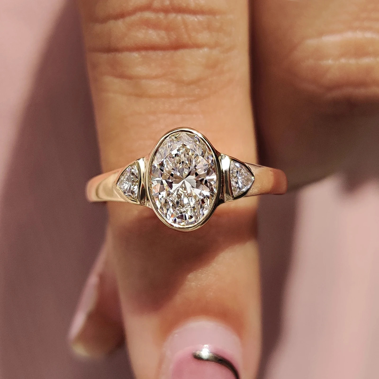 2.00CTOval Bezel Engagement Ring 9K Yellow Gold Lab Grown Diamond Trillion Sides