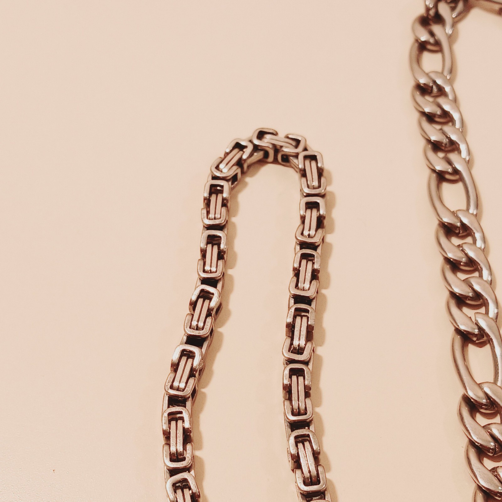 Stainless Steel Jewelry Set Lot: Byzantine Anklet 9″ Figaro Necklace 21″ Curb An