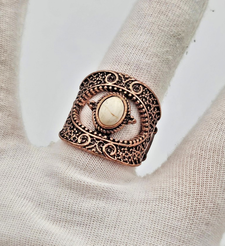 Boho Antique Copper Tone Stretch Ring White Faux Stone Filigree Size 8