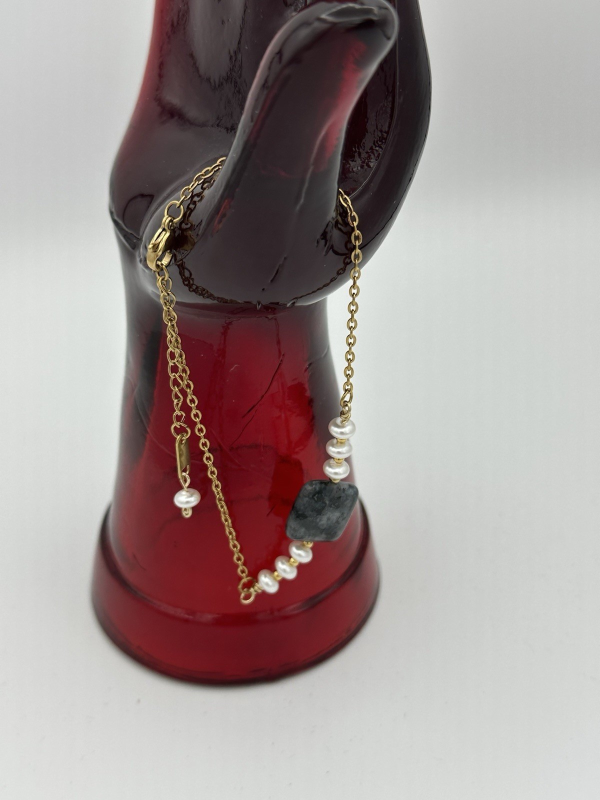 Adj 8.25-9.5” (Large) Larvikite & Glass Pearl Bracelet, 18K Over Stainless Steel