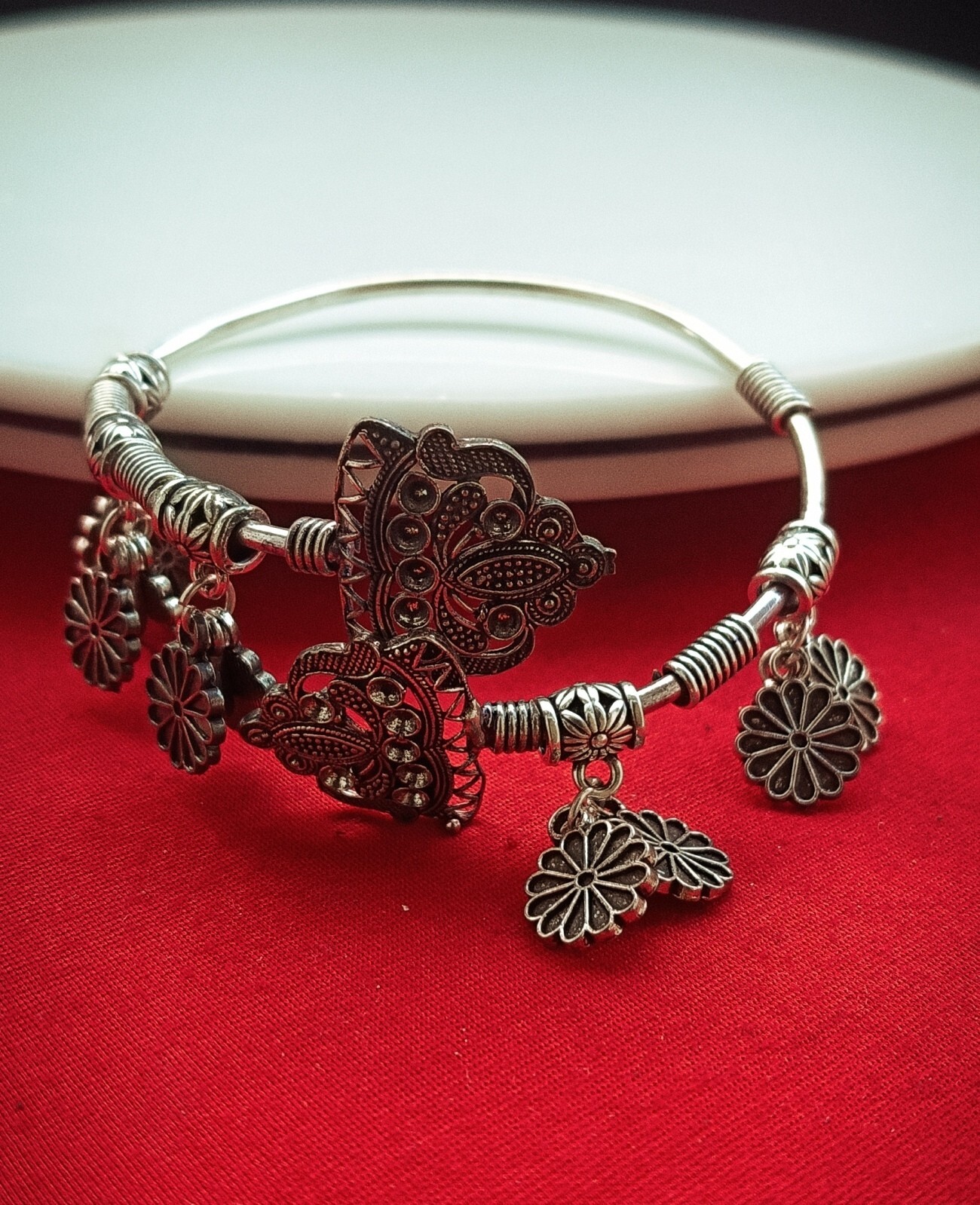 Silver Oxidized cuff adjustable Charm Flower Bracelet Women Partywear Jewelry