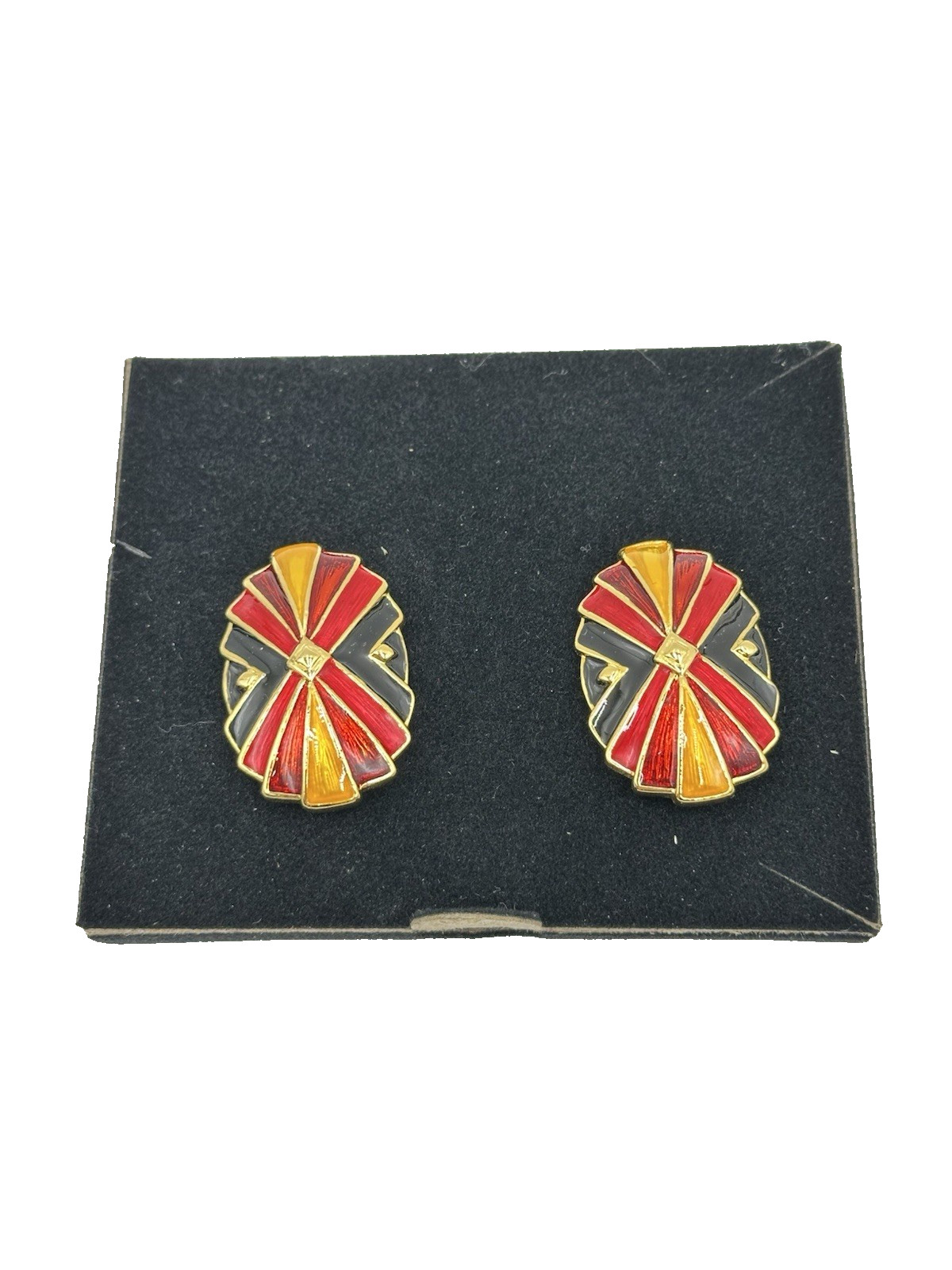 Bob Mackie Art Deco Red Black Yellow/Gold Enamel Clip On Earrings