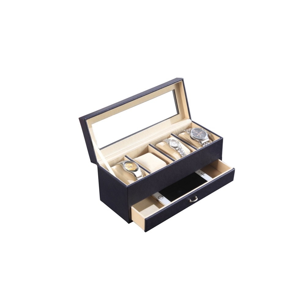 9.3 Inch Leather Jewelry Watch Display Case Tempered Glass Top With Drawers