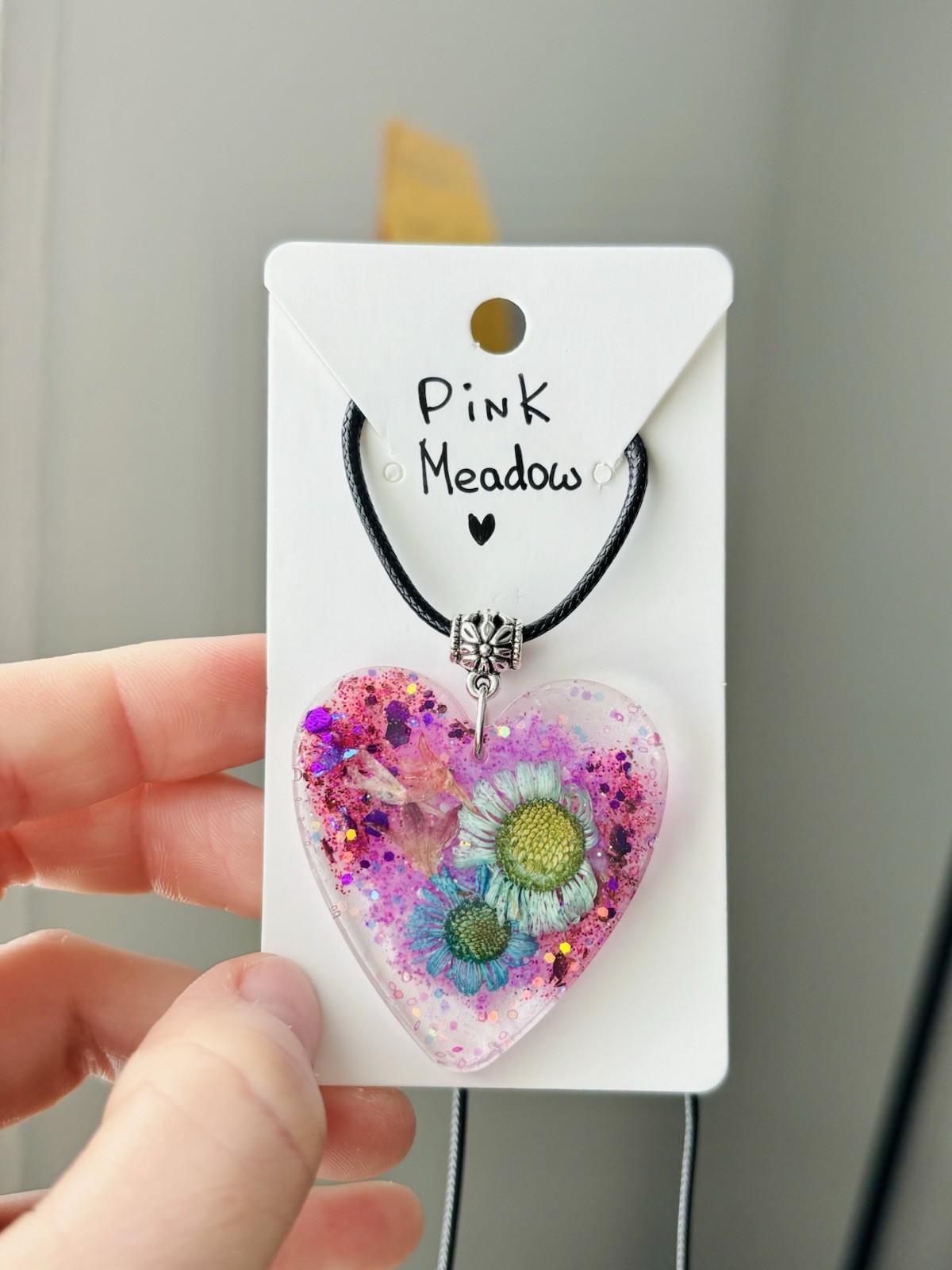 Pink Meadow Resin Heart Necklace Handmade Dried Flower Pink Pendant