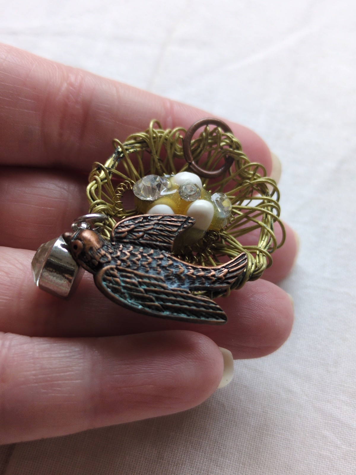 VTG Wirework Bird Nest W/Copper Bird, Eggs And Rhinestones Accents Pendant, 2″