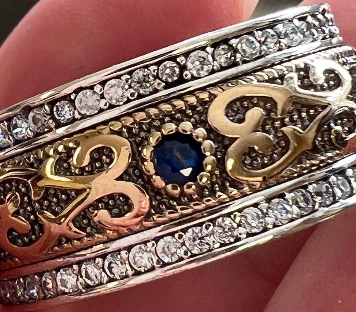 REAL Diamond Blue Sapphire BAND SOLID 14K Y Gold 925 Ring SZ 10 1/4 Etruscan Rev