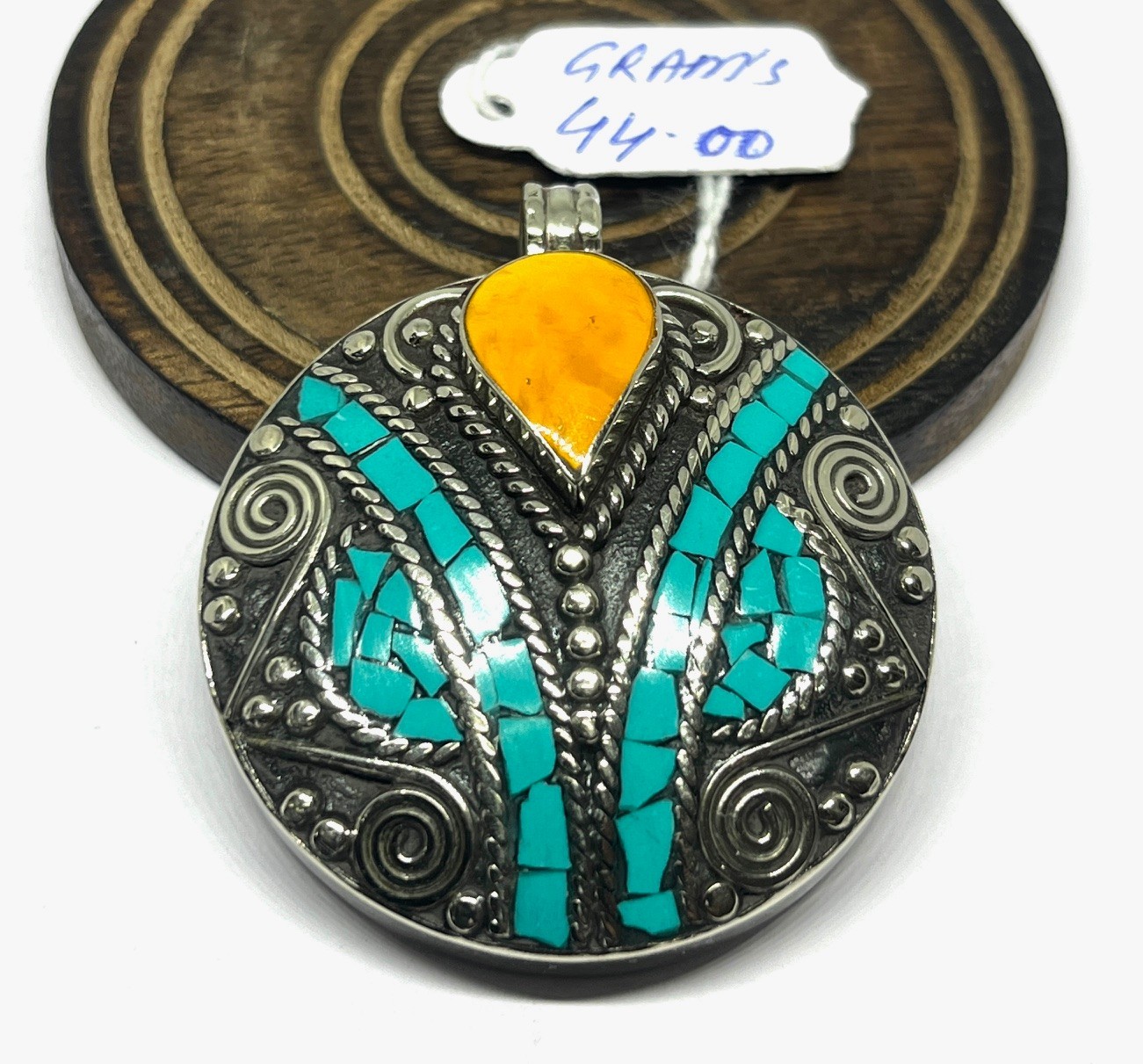 Amber Turquoise Gemstone Tibetan Style Traditional Pendant Jewelry, 2.0 inc