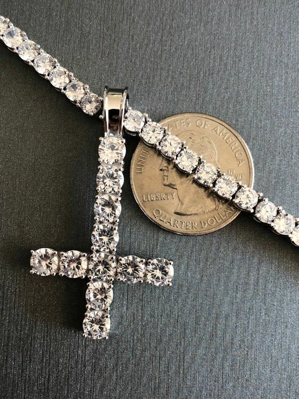 Inverted Cross Upside Down Real Solid 925 Sterling Silver Tennis Chain CZ
