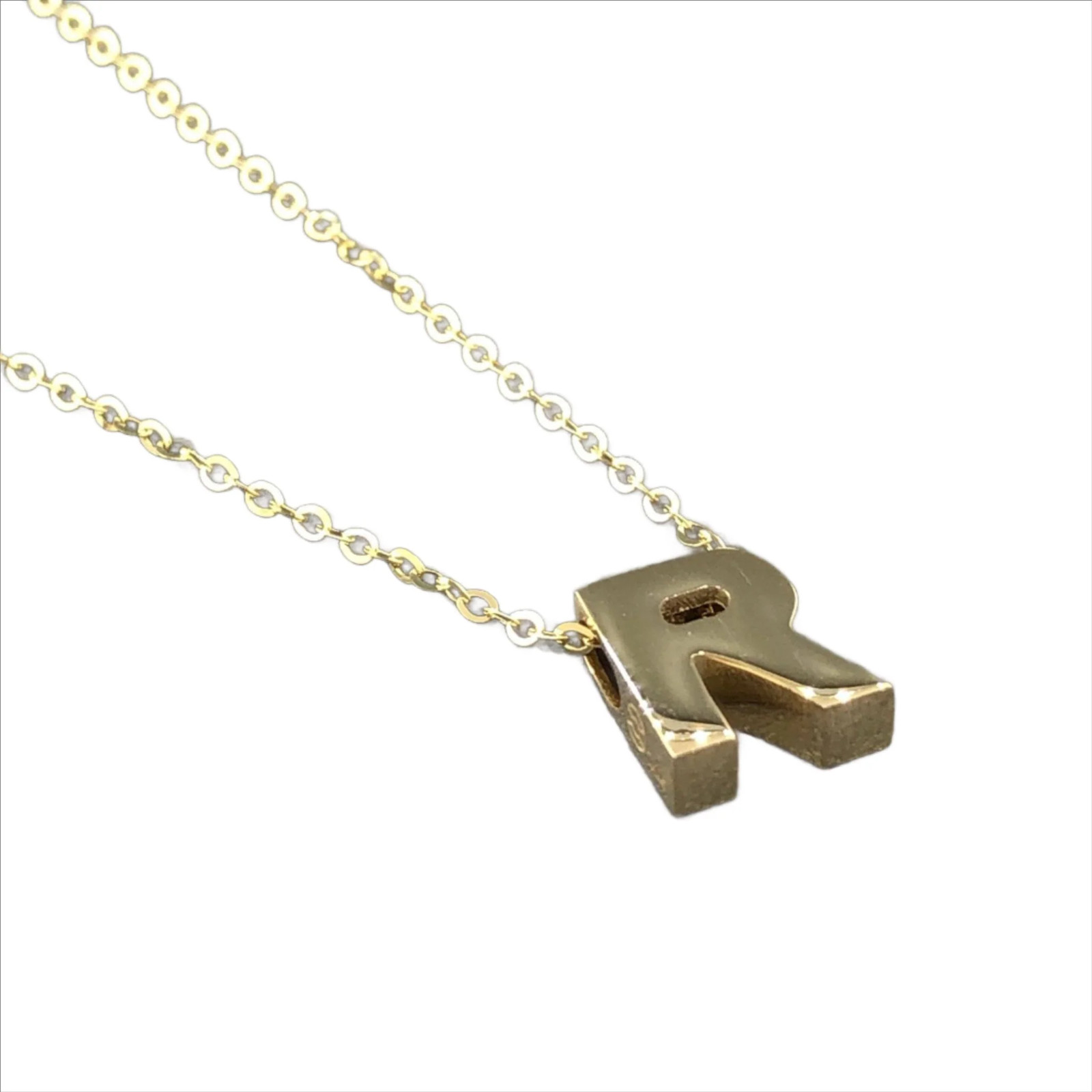 14K Yellow Gold initial ‘R’ pendant on a 16″ chain with a 2″ extender