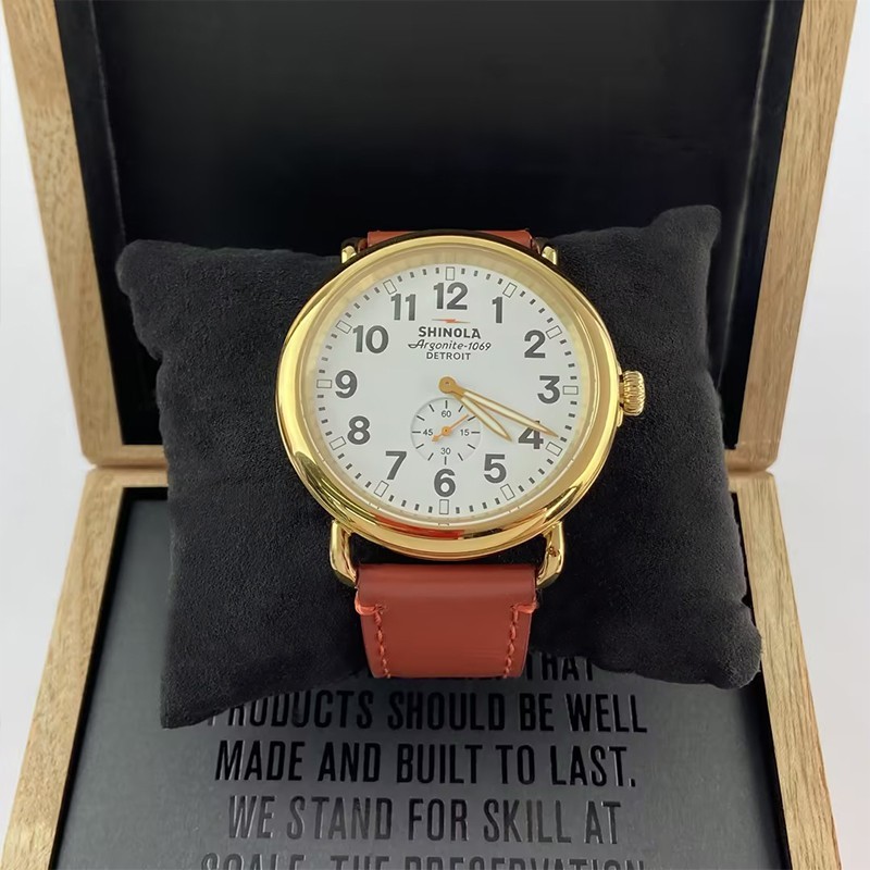 Men Shinola Runwell Argonite 1069 White Dial Gold Case Quartz Watch 47mm Leather