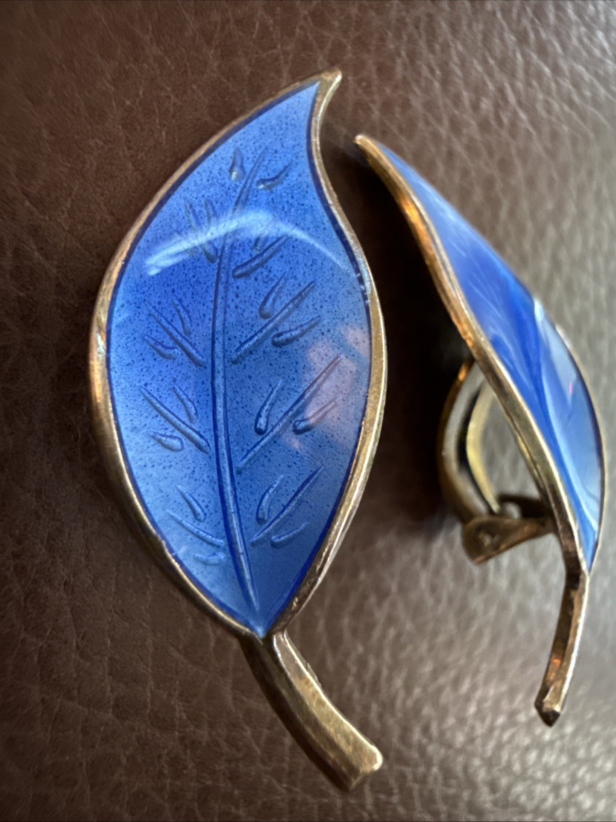David Andersen Leaf Earrings Guilloche Blue Enamel Sterling Silver Norway 925S