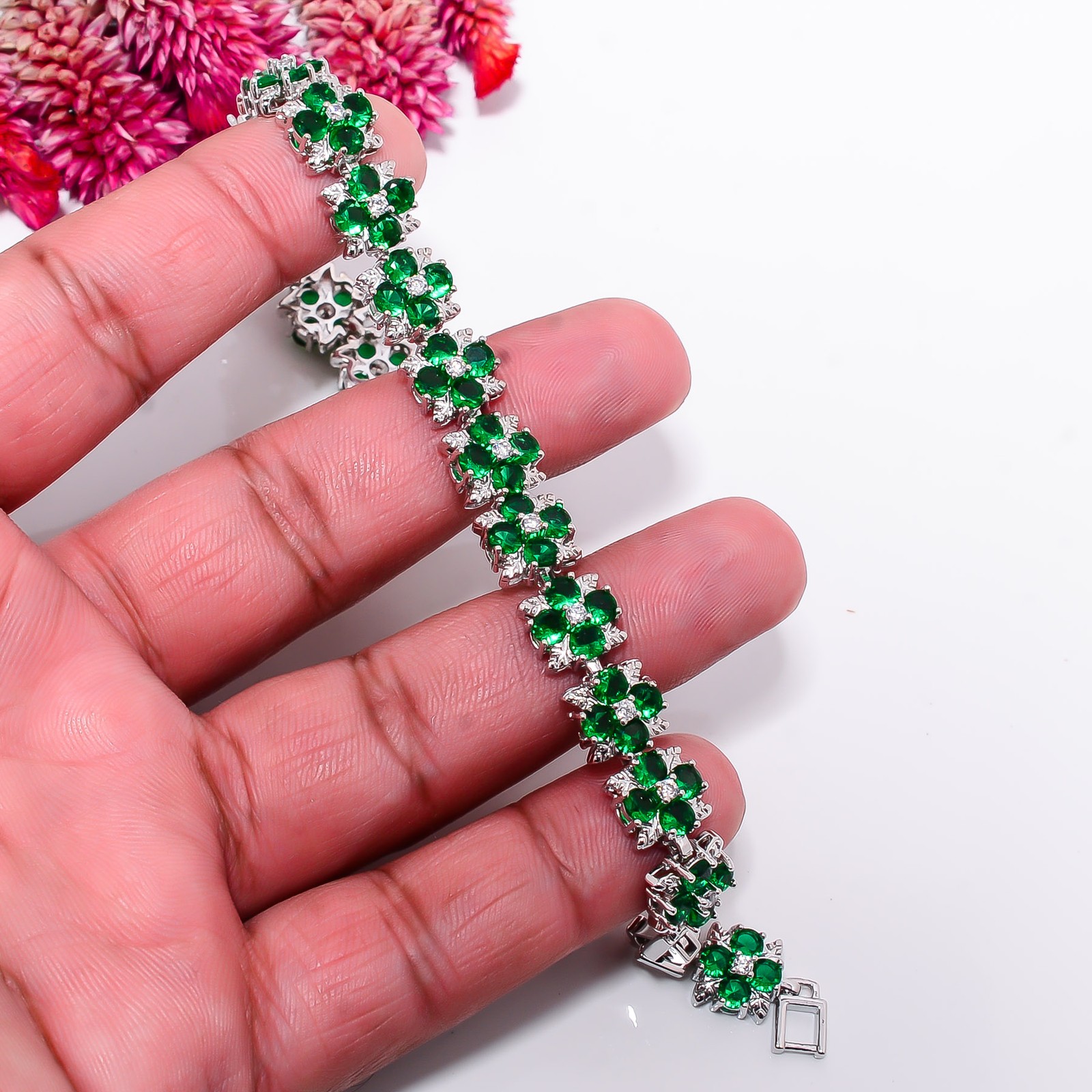 Chrome Diopside, CZ 925 Sterling Silver Adjustable Bracelet 7-8″ B13506