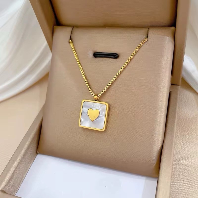 Gold Tone Chain Necklace Square White Heart Charm Pendant, Love & Hearts Theme