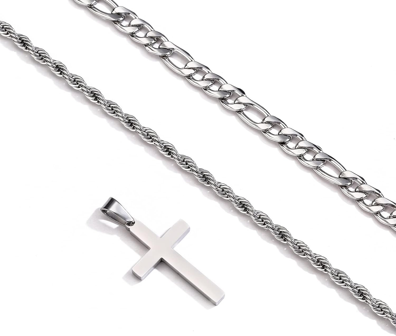 Cross Necklace for Men Boys, Layered Stainless Steel Cross Pendant Figaro Link R