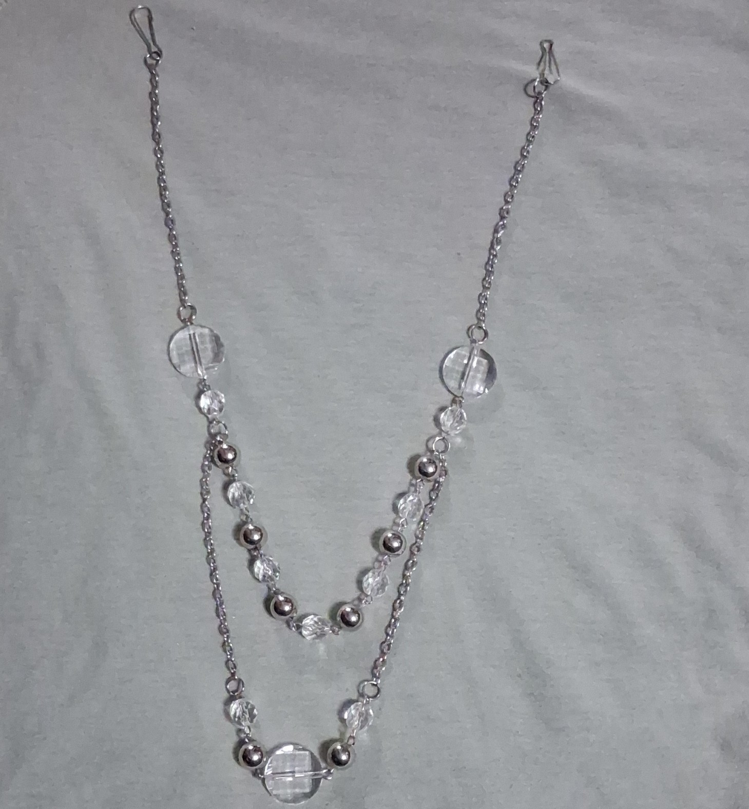 Silver Tone Double Strand Cable Chain Necklace Clear Round Crystal Beads, Adj