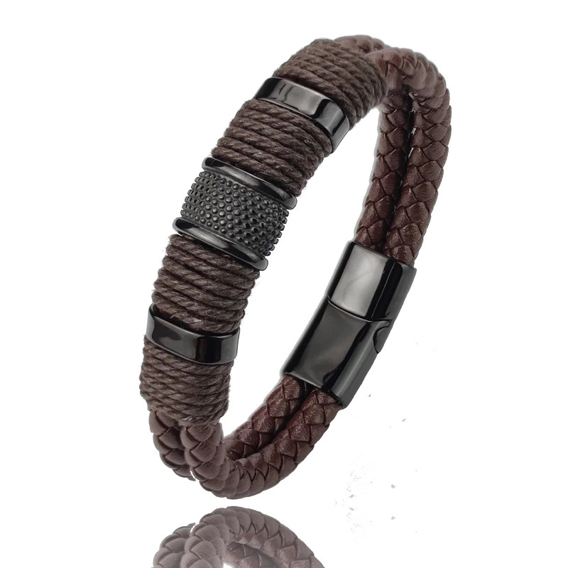 PU Leather Bracelet Multilayer Stainless Steel Bead Charm Men Wrist Jewelry