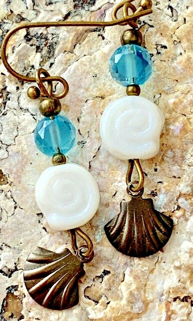 Beautiful Bronze and White Shells with Aqua Glass Bead Earrings. Ocean. Beach.