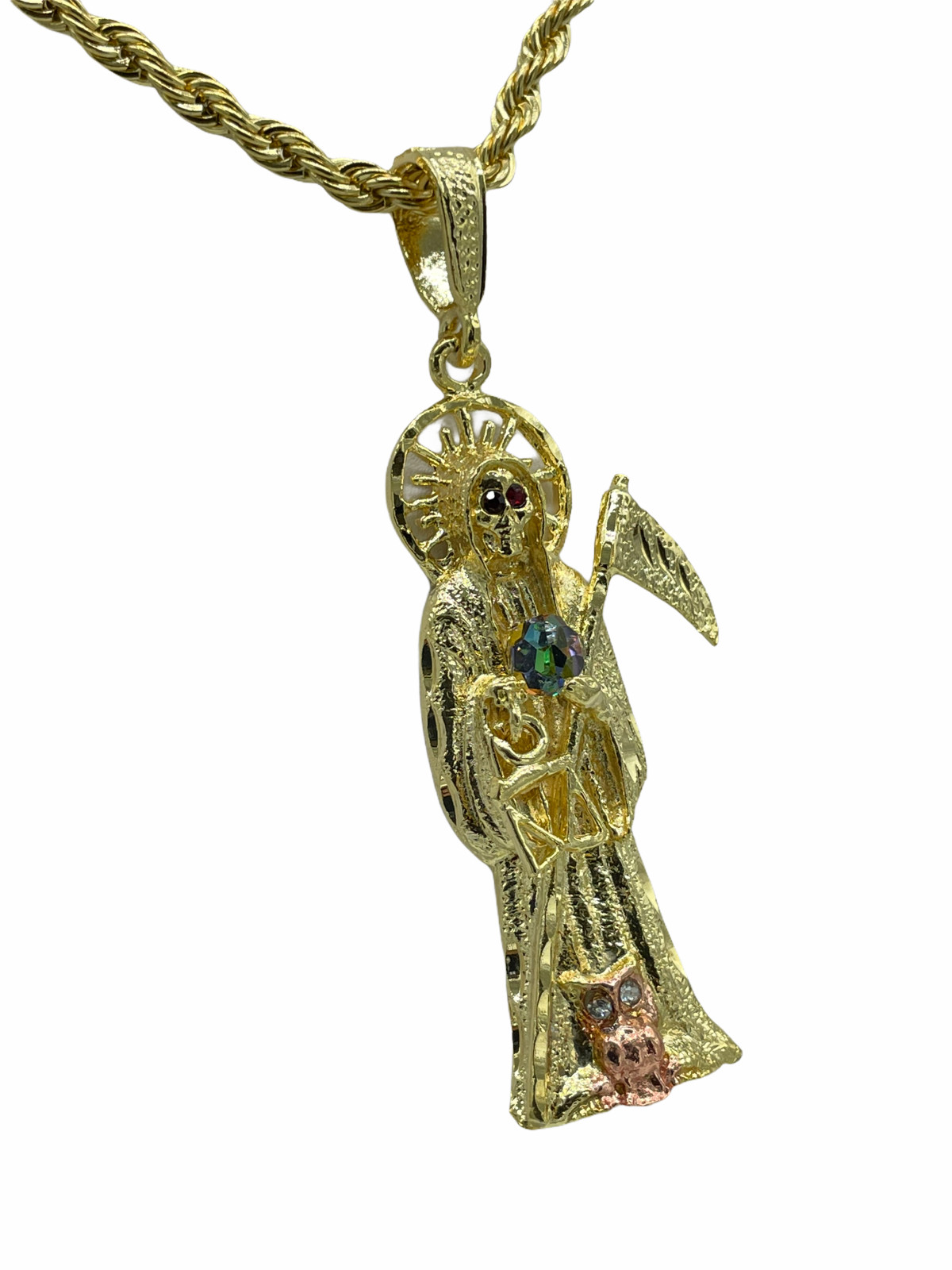 Santa Muerte Medalla con Cadena Oro Chapado Dije Torzal Santísima NUEVO