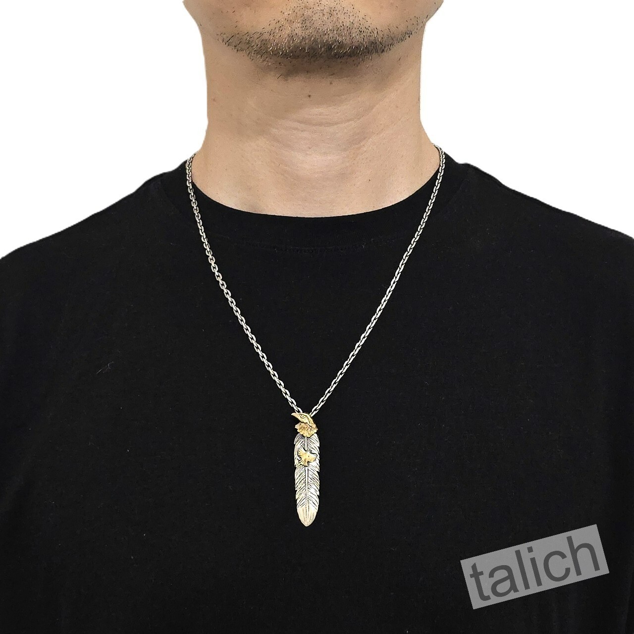 925 Sterling Silver Feather with Shiny Brass Eagle Head Pendant Great Details