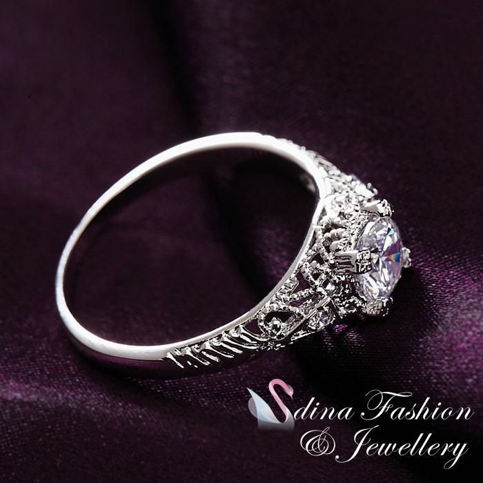 18K White Gold plated AAA Grade Cubic Zirconia Vintage HollowOut Engagement Ring