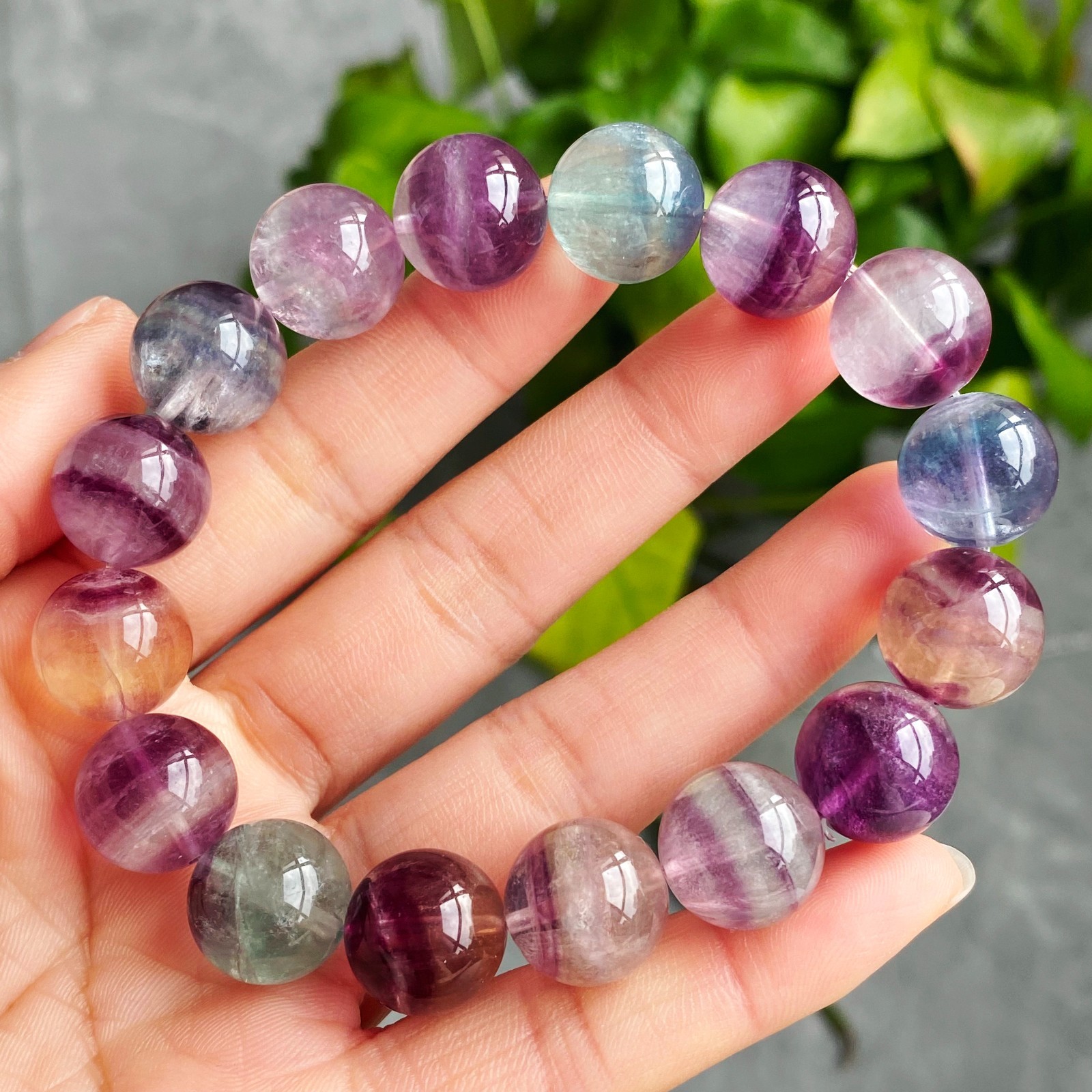 13.7mm Natural Color Fluorite Quartz Crystal Gemstone Beads Bracelet 2889