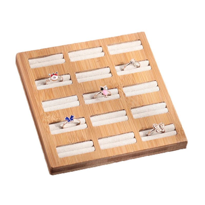 Bamboo 15 Grid Rings Storage Tray Jewelry Display Rack Organizer Shelf Showcase