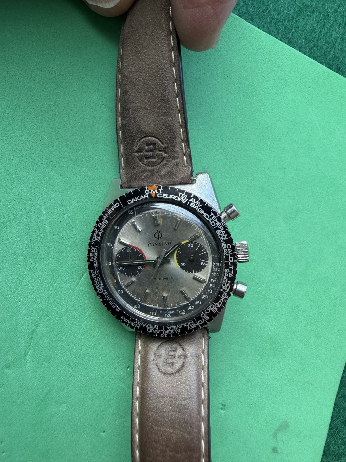 Vintage CANDINO PANDA Dial Chronograph World Time Bezel Valjoux 7733