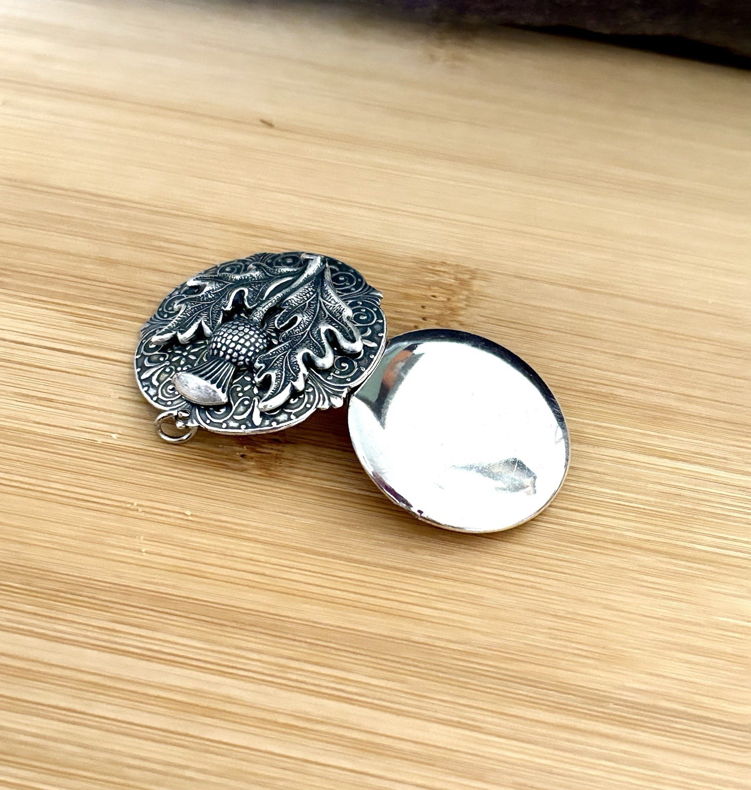 Thistle Hidden Locket Necklace, Silver Celtic Vintage Pillbox Stash Box Pendant